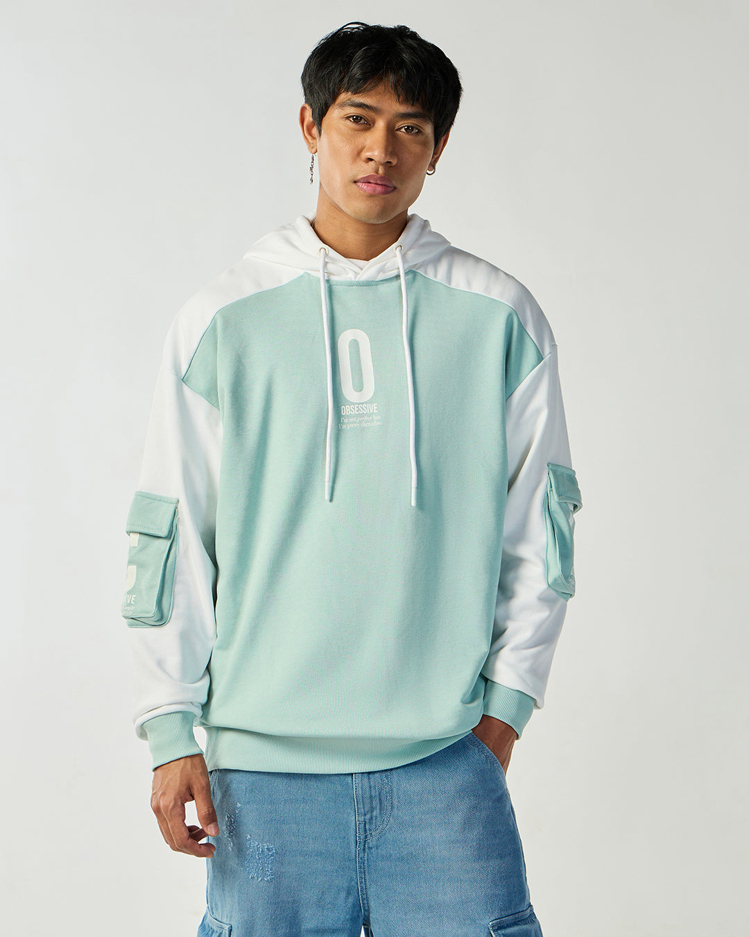 Men's Green & White Color Block Oversized Hoodies