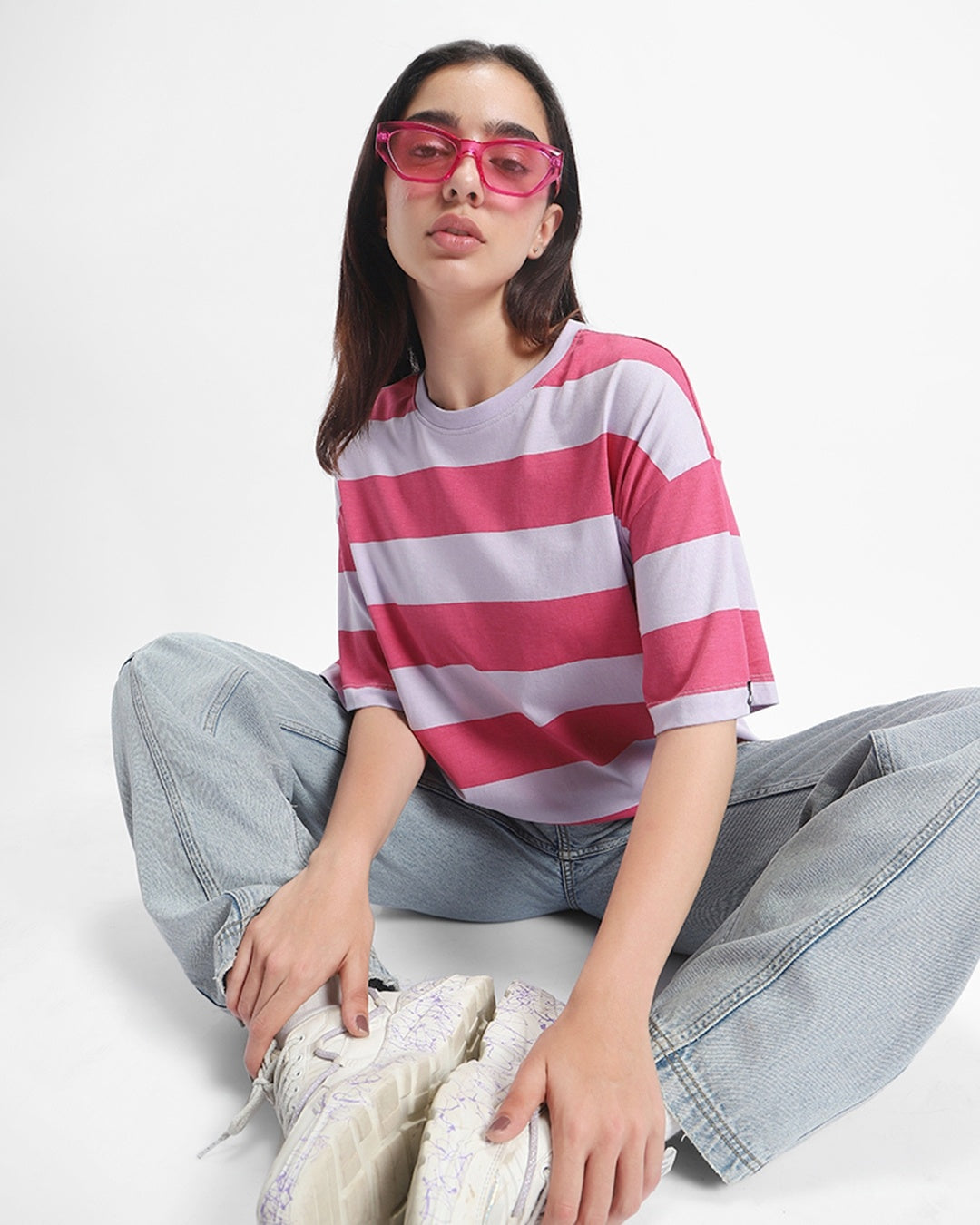 Women's Off White & Pink Striped Oversized T-shir