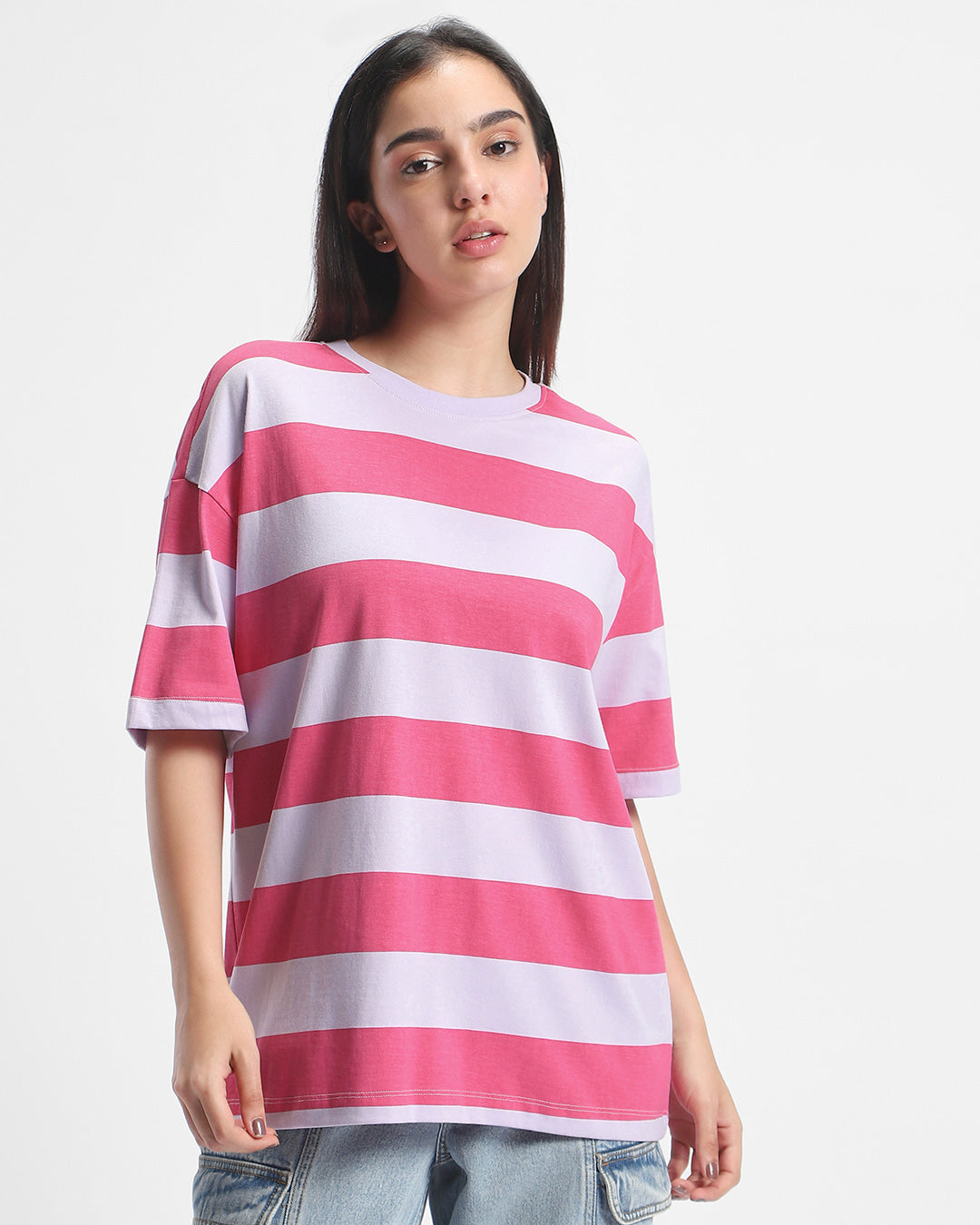 Women's Off White & Pink Striped Oversized T-shir
