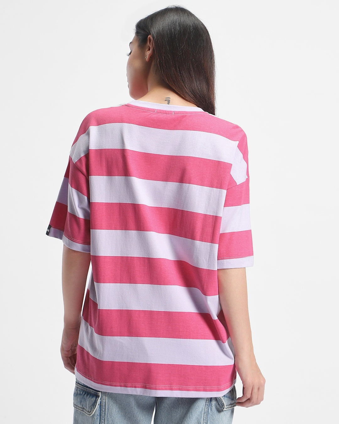 Women's Off White & Pink Striped Oversized T-shir