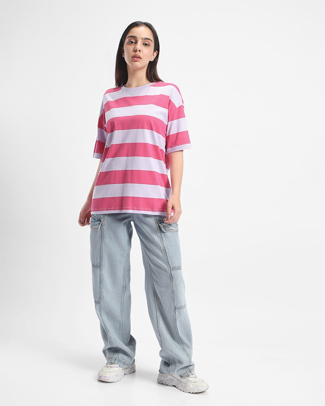 Women's Off White & Pink Striped Oversized T-shir