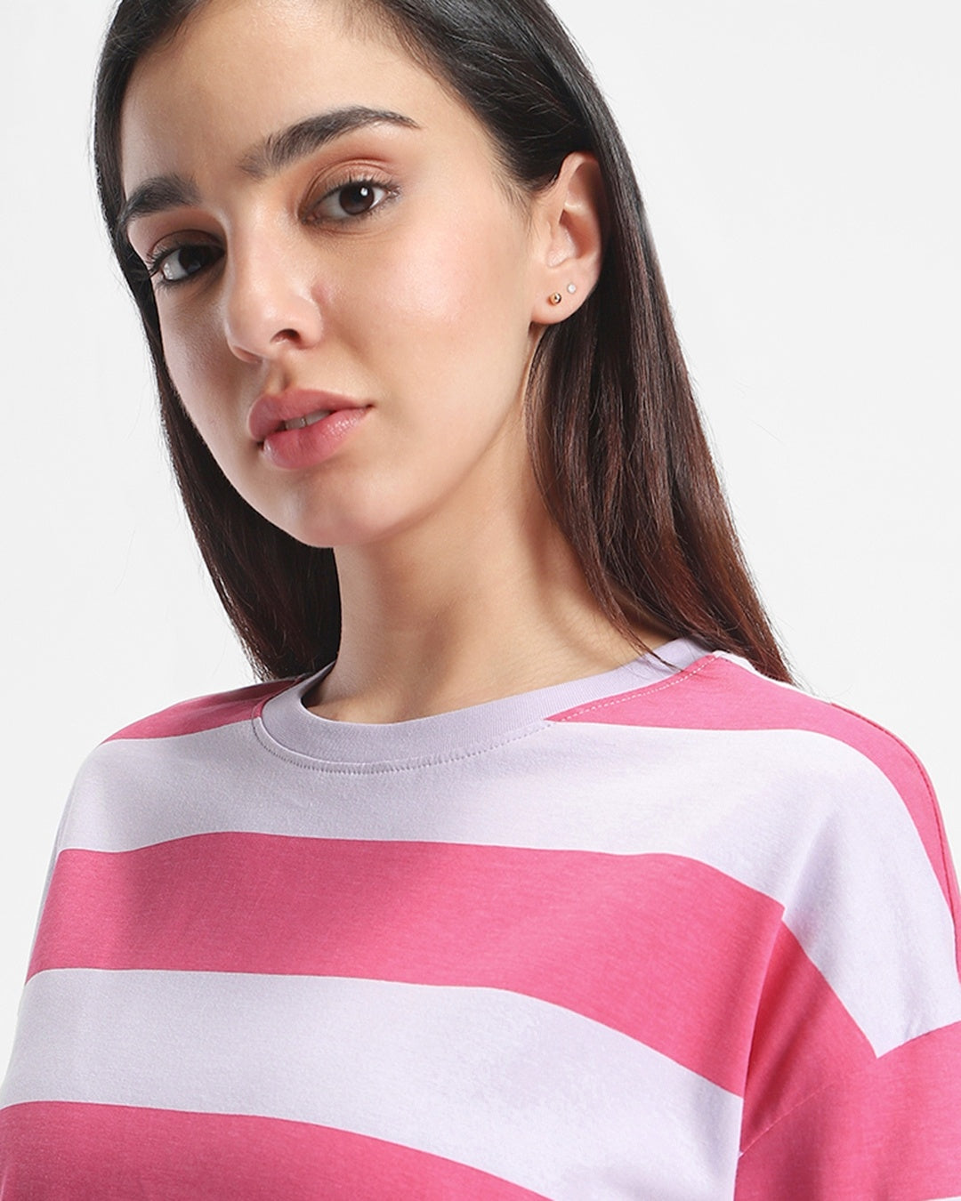 Women's Off White & Pink Striped Oversized T-shir