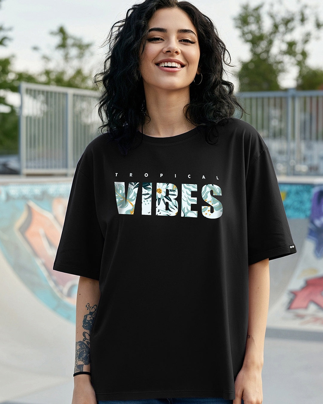 Women's Black Tropical Vibes Typography T-shirt