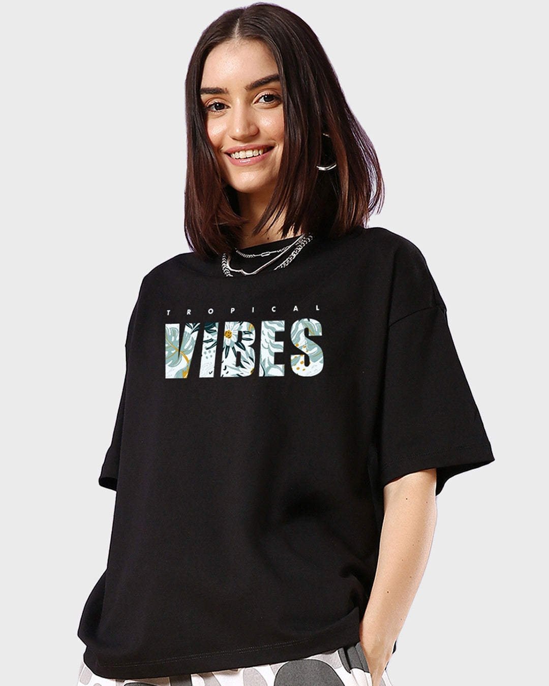 Women's Black Tropical Vibes Typography T-shirt