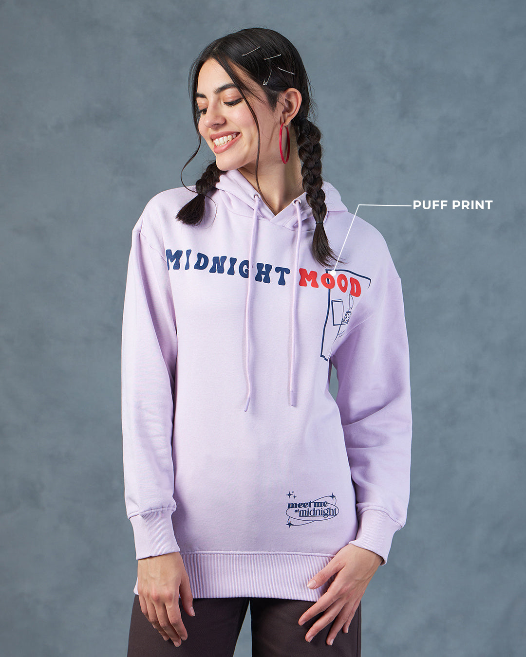 Women's Purple Mid Night Graphic Printed Oversized Hoodies