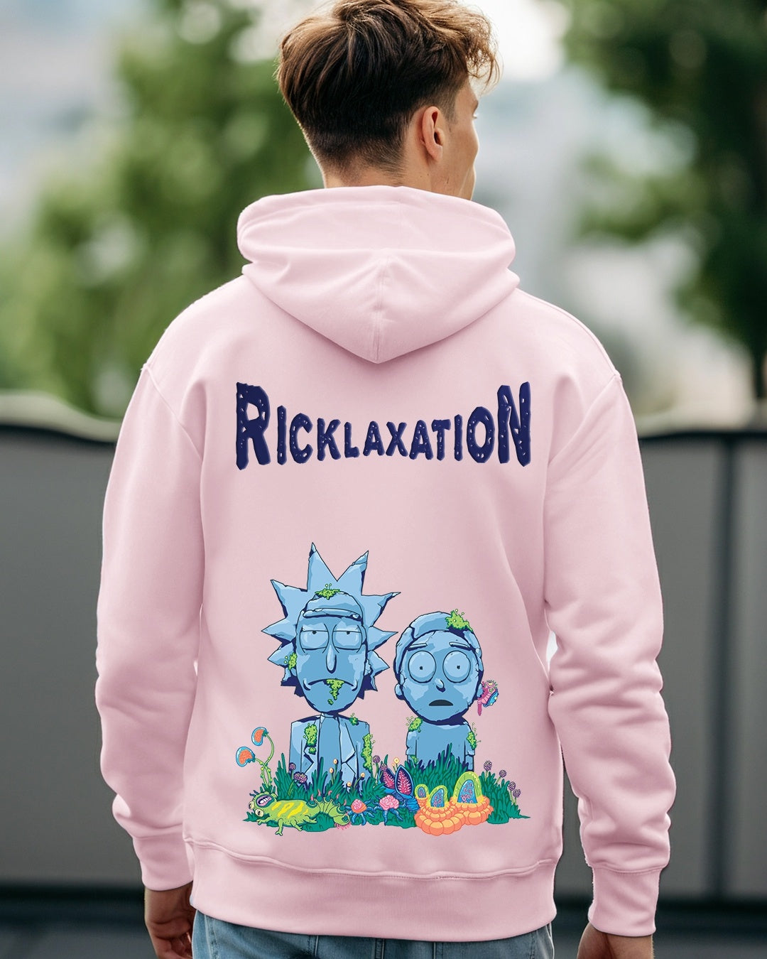 Men's Pink Ricklaxation Graphic Printed Oversized Hoodies