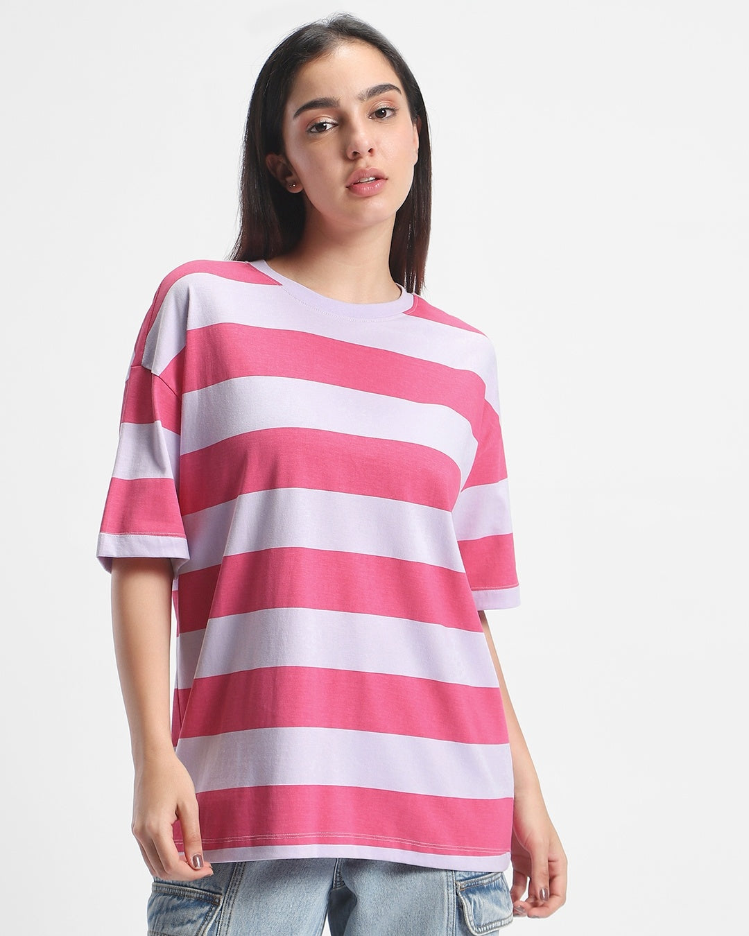 Women's Off White & Pink Striped Oversized T-shir