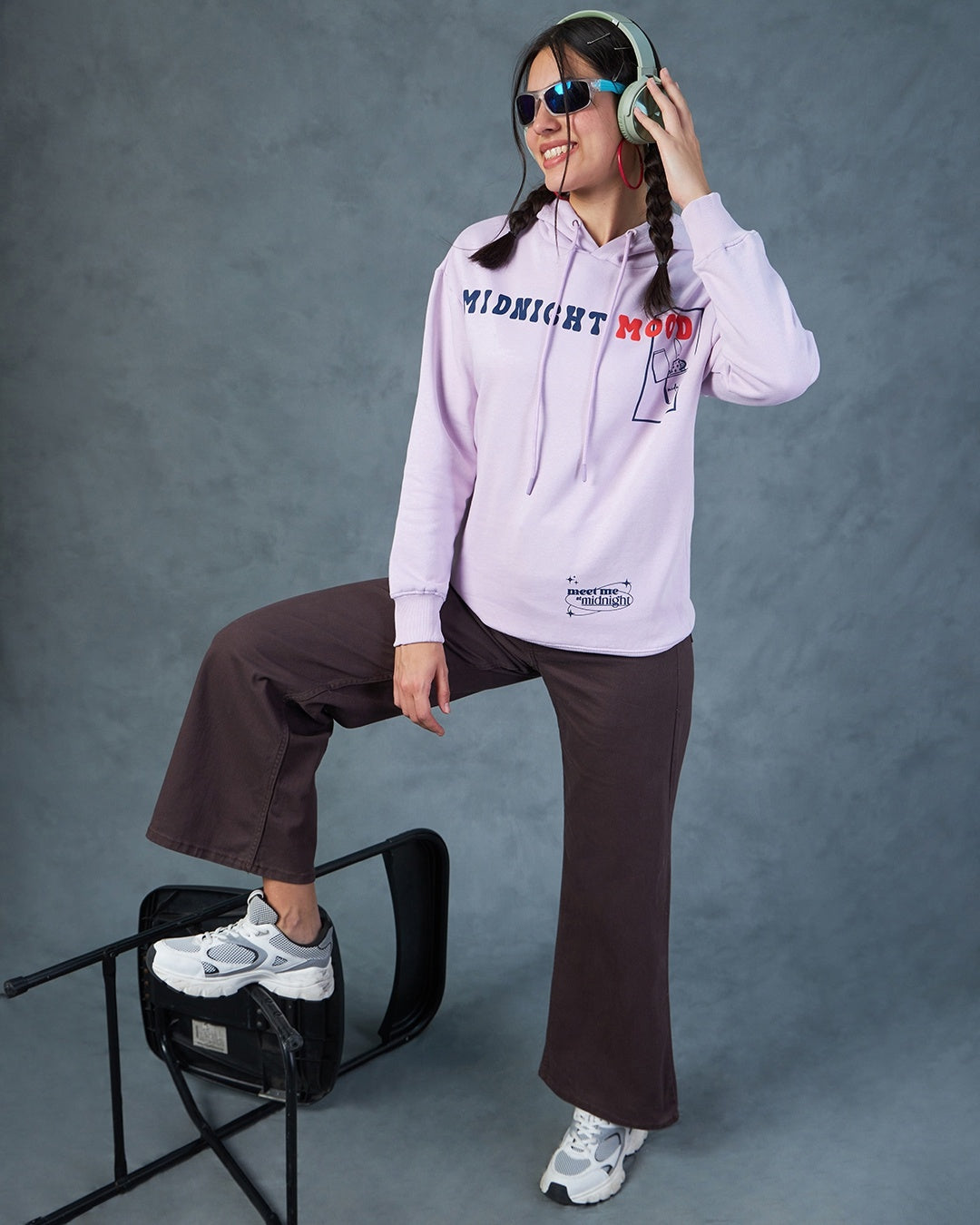 Women's Purple Mid Night Graphic Printed Oversized Hoodies